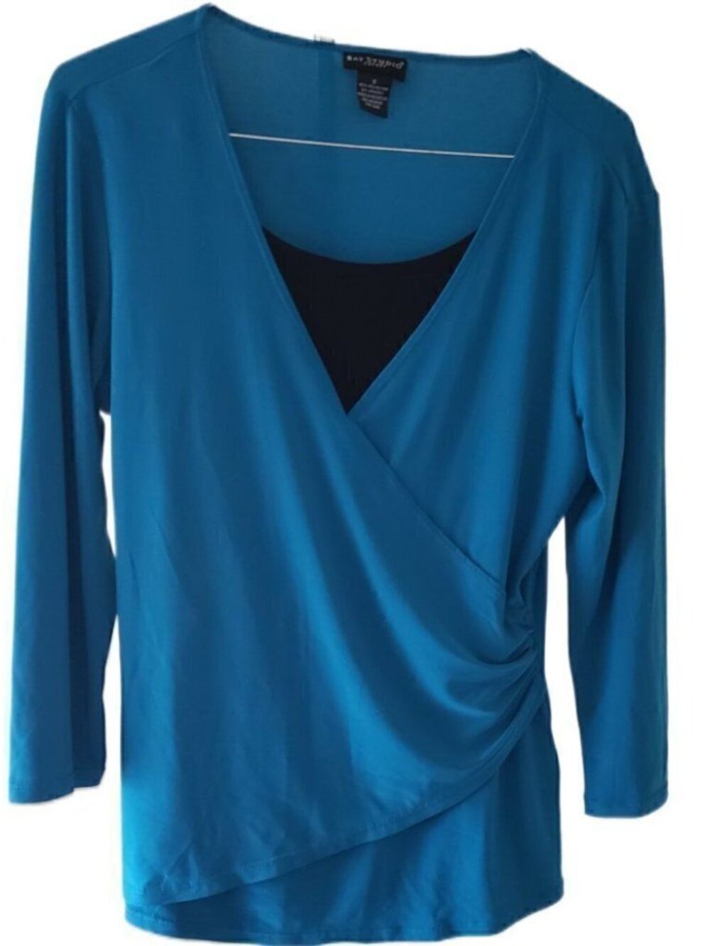 Bay Studio Career Teal/Black V-Neck Faux Wrap Long Sleeve Blouse